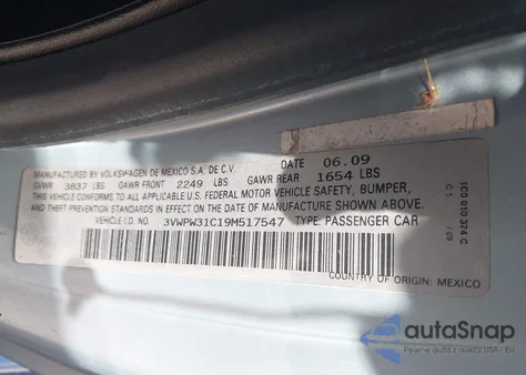 2009 Volkswagen New Beetle 2.5L z USA, uszkodzony, nr VIN 3VWPW31C19M517547